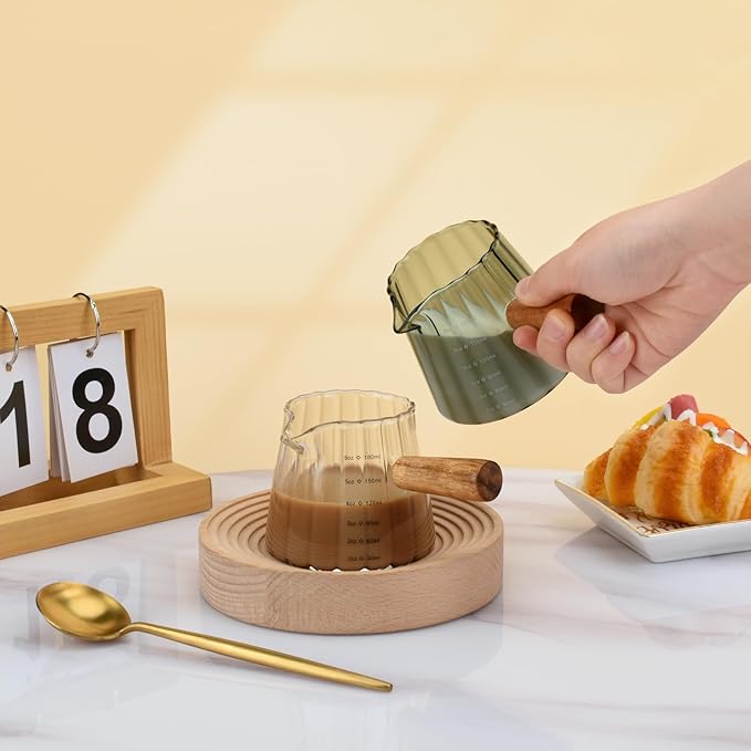 Glass Measuring Cup, 6oz Creamer Pitcher with Wood Handle, Creative Milk Frothing Pitcher Creamer Shot Glass (Transparent)