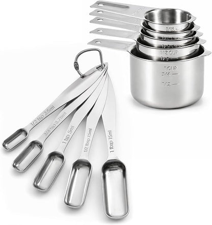FANGSUN Stainless Steel Measuring Cups and Spoons Set of 10, Stainless Steel Measuring Spoons with Long Handles & Engraved Measurements, Fits in Spice Jars, for Baking & Cooking by FANGSUN