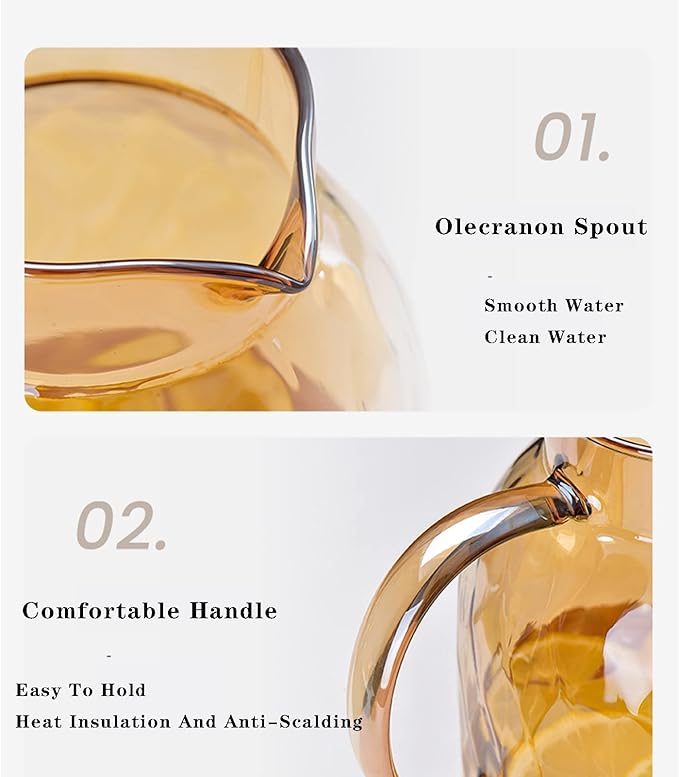 AEFPOYMXU 62oz Glass Pitcher with Lid - Amber Borosilicate Water Carafe, Heat Resistant Vintage Jug for Iced Tea, Juice, Lemonade (1.8L) - Image 7