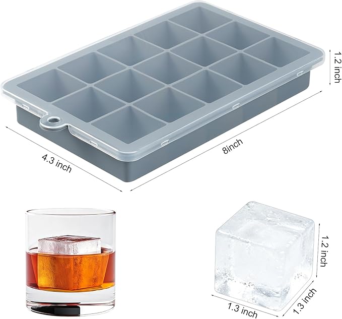 Premium Silicone Ice Cube Trays with Lid - 15 Large Square Ice Cubes for Whiskey, Cocktails, Coffee & More - BPA Free, Stackable, Easy Release & Dishwasher Safe - Gray-2pack