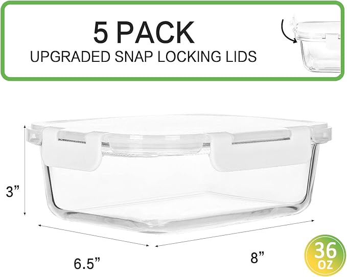 [5-Packs, 36 Oz.] Glass Meal Prep Containers with Locking Lids Glass Food Containers,Airtight Lunch Container,Microwave, Oven, Freezer and Dishwasher (4.5 Cup, White) - Image 2