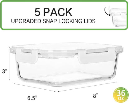 [5-Packs, 36 Oz.] Glass Meal Prep Containers with Locking Lids Glass Food Containers,Airtight Lunch Container,Microwave, Oven, Freezer and Dishwasher (4.5 Cup, White) - Image 2