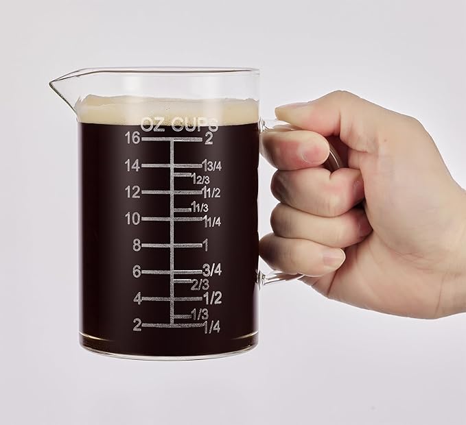 Ackers Etched Graduated Glass Measuring Cup - [Insulated Handle | V-Shaped Spout] - High Borosilicate Glass Measuring Cup for Kitchen or Dining, Easy to Read, 500 ML (16 Oz, 2 Cup) by AckersBORO33