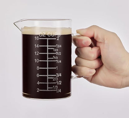 Ackers Etched Graduated Glass Measuring Cup - [Insulated Handle | V-Shaped Spout] - High Borosilicate Glass Measuring Cup for Kitchen or Dining, Easy to Read, 500 ML (16 Oz, 2 Cup) by AckersBORO33
