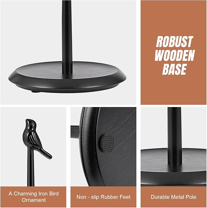 Wooden Paper Towel Holder countertop,Stylish Bird Shaped,Solid Wood Base&Iron Top,with Non-Slip Mat,Stable&Durable,Paper Towel Holder Black-Farmhouse Style to Elevate Your Kitchen's Décor(All Black) - Image 5
