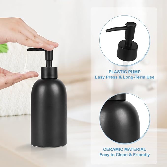 Natheeph 14OZ Ceramic Soap Dispenser Ceramic Soap Pump Dispenser Can Fill Liquid for Bathroom/Kitchen (Black) - Image 2