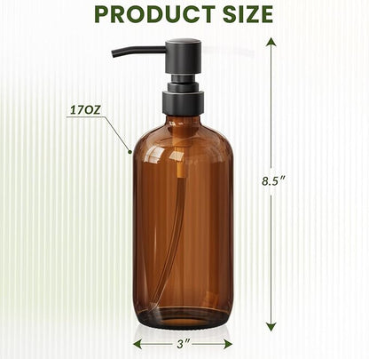 AmazerBath Amber Glass Soap Dispensers, 2 Glass Amber Pump Bottles, 17 Oz Dish Soap Dispenser, Kitchen Bathroom Hand Soap Dispensers for Hand Sanitiser, Shampoo, Lotion, Shower Gel Conditioner - Image 2