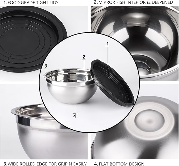 Leidawn Mixing Bowls with Lids set - 25 PCS Stainless Steel Nesting Black Mixing Bowls Set for Baking, Mixing, Serving & Prepping, Size 5, 3.7, 2.8, 2.3, 1.7, 1.1, 0.7QT, 11 Cooking Utensils - Image 2