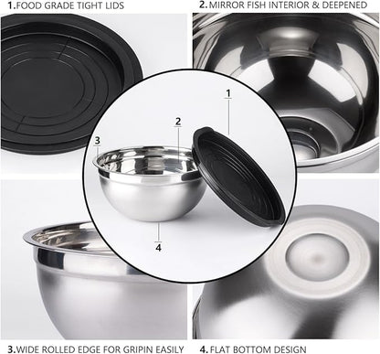 Leidawn Mixing Bowls with Lids set - 25 PCS Stainless Steel Nesting Black Mixing Bowls Set for Baking, Mixing, Serving & Prepping, Size 5, 3.7, 2.8, 2.3, 1.7, 1.1, 0.7QT, 11 Cooking Utensils - Image 2