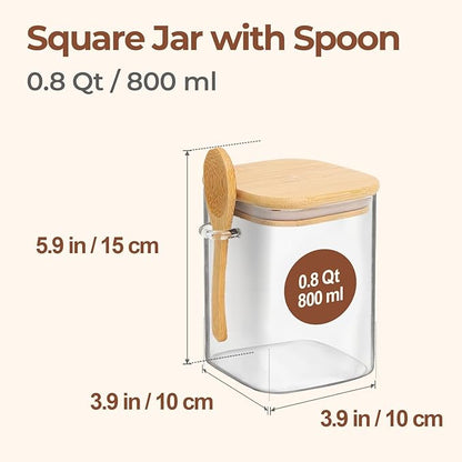 ComSaf 0.8 Qt Glass Jars with Bamboo Lids & Spoons Set of 4, Square Glass Containers with Lids, Sugar Coffee Containers Salt Spice Jars, Pantry Storage Container for Loose Tea, Candy, Brown Sugar, Nut - Image 2