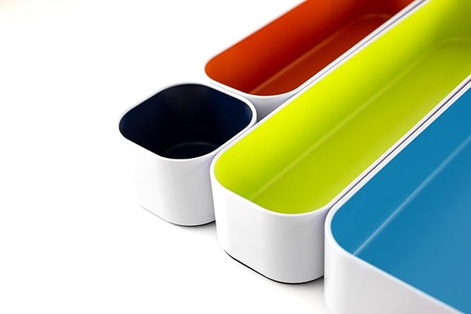 Three by Three Seattle 10 Piece Metal Organizer Tray Set for Storing Makeup, Stationery, Utensils, and More in Office Desk, Kitchen and Bathroom Drawers (2 Inch, Assorted Colors) - Image 5