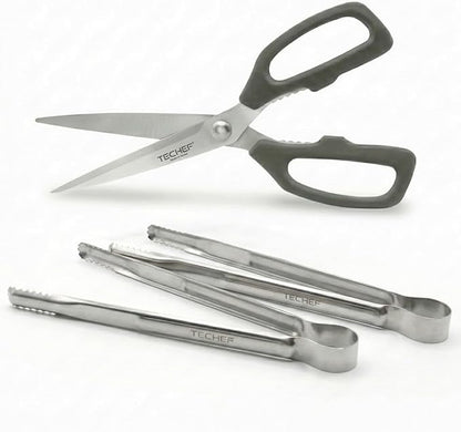 TECHEF Kitchen Shears With 2 Stainless Steel Tongs & Travel Bag, Dishwasher Safe, 4-Piece Complete Set, Made in Korea (Scissors & Tongs Set)