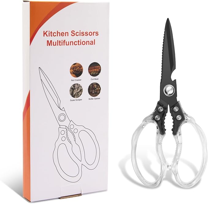 CGBE Kitchen Scissors, Multi-Purpose Kitchen Shears, Heavy Duty Food Scissors for Chicken, Poultry, Fish, Meat & Herbs with Non-Slip Grips (Transparent Black) - Image 7