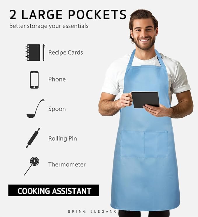 Syntus Apron for Men Women, Adjustable Cooking Kitchen Chef Aprons with 2 Pockets, Cotton/Polycotton/Polyester - Image 3