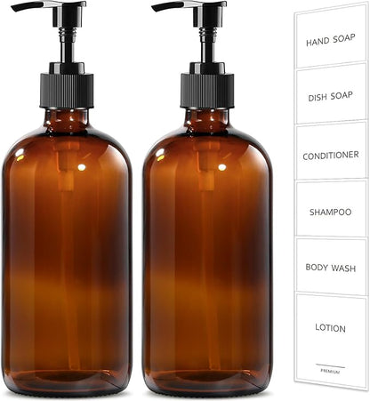 GMISUN Amber Glass Soap Dispenser, 2 Pack Bathroom Hand Soap Dispensers with Plastic Pump, 17 Fl Oz Kitchen Hand and Dish Soap Dispenser Set, Modern Vintage Liquid Brown Soap Dispensers Bottle by GMISUN