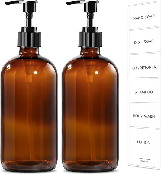 GMISUN Amber Glass Soap Dispenser, 2 Pack Bathroom Hand Soap Dispensers with Plastic Pump, 17 Fl Oz Kitchen Hand and Dish Soap Dispenser Set, Modern Vintage Liquid Brown Soap Dispensers Bottle by GMISUN