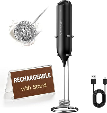 CIRCLE JOY Electric Rechargeable Milk Frother Handheld with Stand, Electric Whisk Milk Frother Wand with Dual Spring Whisk, Portable Drink Mixer for Coffee Cappuccino Latte Matcha, Black