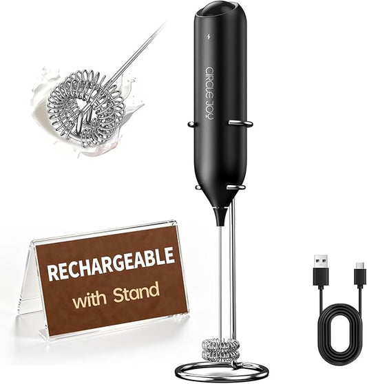 CIRCLE JOY Electric Rechargeable Milk Frother Handheld with Stand, Electric Whisk Milk Frother Wand with Dual Spring Whisk, Portable Drink Mixer for Coffee Cappuccino Latte Matcha, Black
