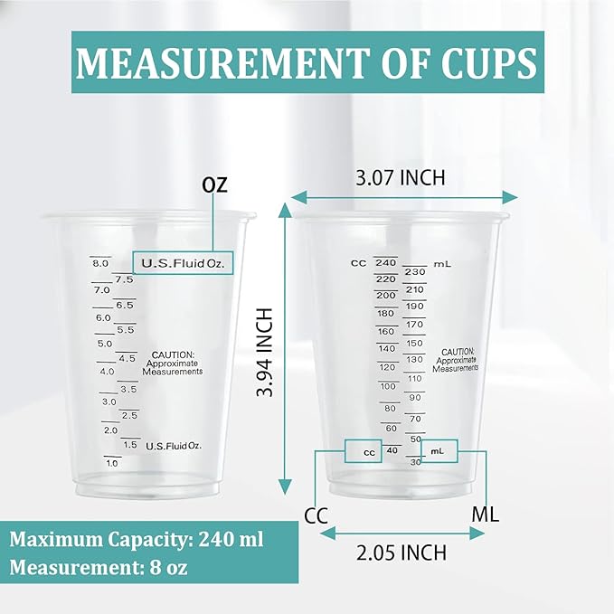 Taeku Measuring Cups Plastic, 8 oz Disposable Clear Epoxy Cups for Resin Reusable Multipurpose Stain Paint Liquid Mixing Cups for Cooking Baking (Pack of 50)