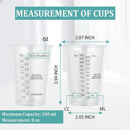 Taeku Measuring Cups Plastic, 8 oz Disposable Clear Epoxy Cups for Resin Reusable Multipurpose Stain Paint Liquid Mixing Cups for Cooking Baking (Pack of 50)