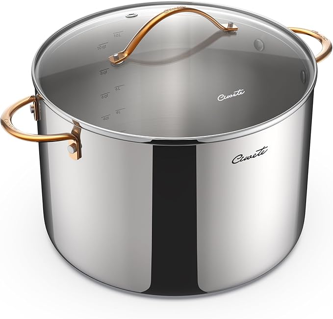 Ciwete 12 Quart Stock Pot with Lid, Upgraded Tri-Ply Stainless Steel Pot, Seamless Large Cooking Pot with Stay-Cool Brass Handle, Healthy Polished Stockpots, Induction Cookware, Oven & Dishwasher Safe by Ciwete