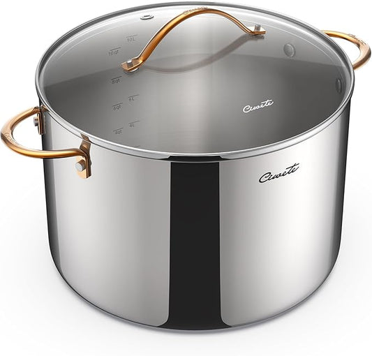 Ciwete 12 Quart Stock Pot with Lid, Upgraded Tri-Ply Stainless Steel Pot, Seamless Large Cooking Pot with Stay-Cool Brass Handle, Healthy Polished Stockpots, Induction Cookware, Oven & Dishwasher Safe by Ciwete