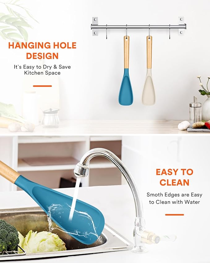 Cooking Spoon for Nonstick Cookwares, Great for Cooking and Serving Sturdy BPA-Free Matte Silicone, Wood Handle Spoon for Mixing, Scoop, and Scrape (Khaki & Turquoise, 13.4 inch) - Image 7