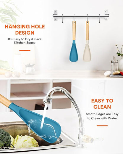 Cooking Spoon for Nonstick Cookwares, Great for Cooking and Serving Sturdy BPA-Free Matte Silicone, Wood Handle Spoon for Mixing, Scoop, and Scrape (Khaki & Turquoise, 13.4 inch) - Image 7