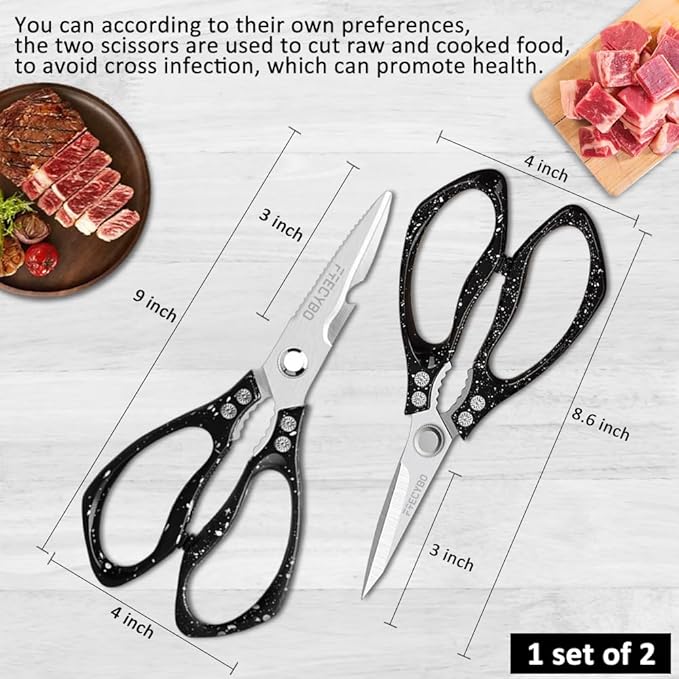 Heavy Duty Food Shears, Multi-Purpose Kitchen Scissors with Sharp Blades, 2-Pack Stainless Steel Food Shears for Kitchen, Poultry, Meat, Fish,Bone (Black)