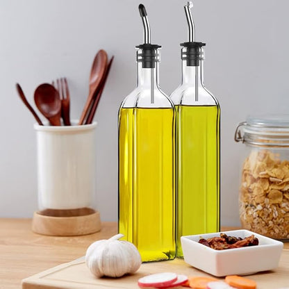 Leaflai Olive Oil Dispenser Bottle, 2 Pcs Glass Olive Oil Dispenser and Vinegar Dispenser Set with 2 Stainless Steel Pourers, 4 Labels,1 Brush and 1 Funnel Oil Bottles for Kitchen (500ml) - Image 7
