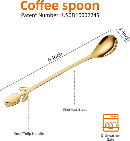 Gold Tulip/Rose Handle 12-Pcs Mini Coffee Spoons Set - 6" Stainless Steel for Espresso, Tea, Dessert - Ideal for Demitasse & Small Servings - Image 2