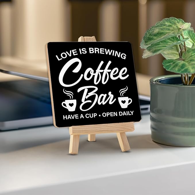 Coffee Signs, Coffee Bar Wood Sign with Easel Home Kitchen Desk Shelf Tabletop Table Decor - Image 4