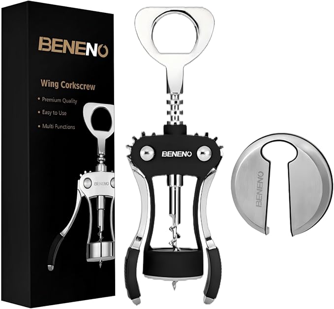 Beneno Wine Opener with Stainless Steel Wine Foil Cutter - Bottle Top Seal Cutter, Zinc Alloy Premium Wing Corkscrew with Multifunctional Bottles Opener, Midnight Black by Beneno