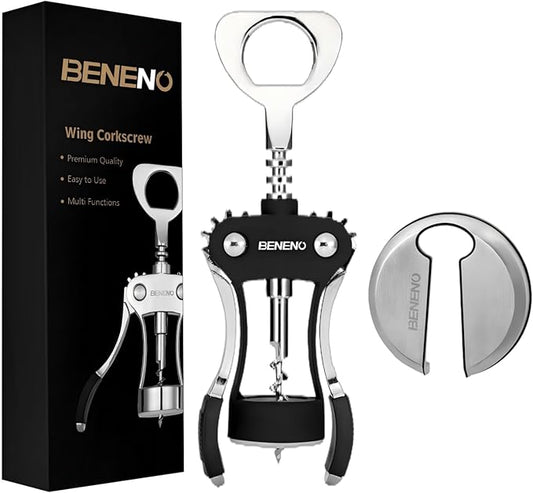 Beneno Wine Opener with Stainless Steel Wine Foil Cutter - Bottle Top Seal Cutter, Zinc Alloy Premium Wing Corkscrew with Multifunctional Bottles Opener, Midnight Black by Beneno