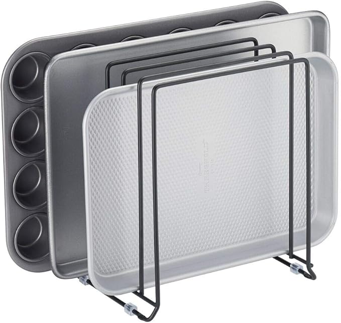 mDesign Pot Lid and Pan Rack — Metal Wire Rack for Cabinets, Pantries or Kitchen Surfaces — Freestanding Pan Stand with 5 Slots for Pans, Pots, Lids and Crockery — Black by mDesign