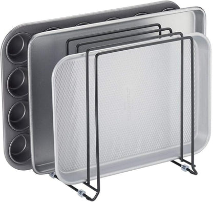 mDesign Pot Lid and Pan Rack — Metal Wire Rack for Cabinets, Pantries or Kitchen Surfaces — Freestanding Pan Stand with 5 Slots for Pans, Pots, Lids and Crockery — Black by mDesign