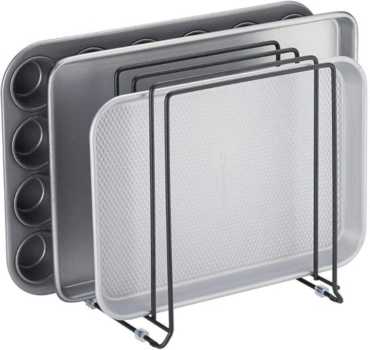 mDesign Pot Lid and Pan Rack — Metal Wire Rack for Cabinets, Pantries or Kitchen Surfaces — Freestanding Pan Stand with 5 Slots for Pans, Pots, Lids and Crockery — Black by mDesign