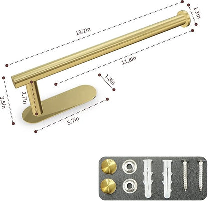 Paper Towel Holder with 2 Hooks-Under Cabinet Paper Towel Holder for Kitchen, Self-Adhesive or Screws, Space Saving Wall Mounted Kitchen Roll Holder, Bathroom, Stainless Steel Brushed Gold