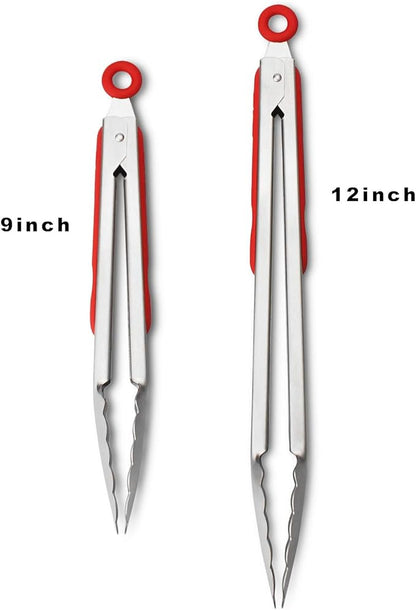 Premium 304 Stainless Steel Tongs Set – 12" Grill Tongs & 9" Cooking Tongs, Heat Resistant up to 600°F, Wavy Grip Head, Non‑Slip Handle with Locking Clip & Hanging Loop, Dishwasher Safe, Red - Image 3