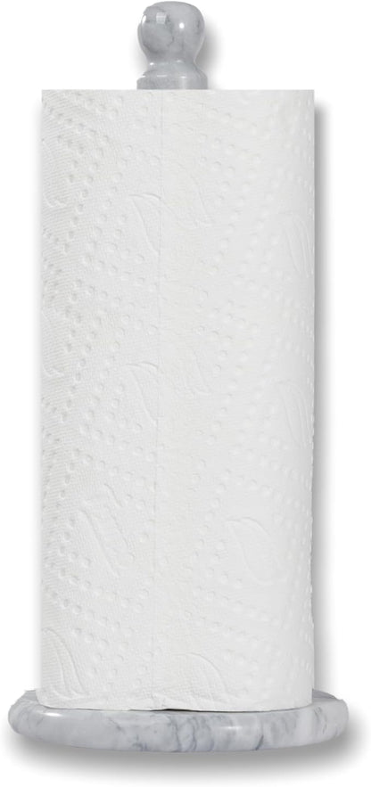 Natural Marble Paper Towel Holder for Kitchen Countertop - 2.6 lbs (1.2kg) Heavy Duty Weighted Base for One-Handed Tearing - Fits Jumbo Rolls - Elegant Modern Design with Ball Top - White & Grey