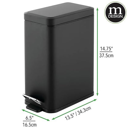 mDesign Pedal Bin — Waste Bin with Pedal, Lid and Plastic Bucket Insert for Bathroom, Kitchen, and Office — Metal Household Rubbish Bin with Ergonomic Design — Black