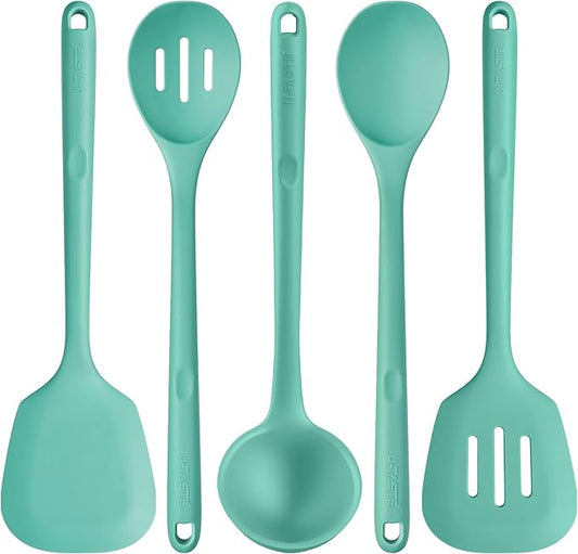 600ºF Heat Resistant Kitchen Utensil: U-Taste 13.6" Extra Long Silicone Cooking Tools Set, Food-Grade Non-Stick Solid and Slotted Turner Spatula, Mixing Spoon, and Soup Ladle (5 Pieces, Aqua Sky) by U-Taste