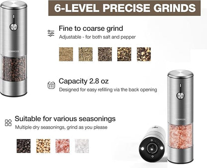 Electric Salt and Pepper Grinder Set, USB Rechargeable Automatic Pepper Mill, Large Capacity with Dual LED Light, One-Handed Operation, Slide Cover, Brushed Stainless Steel - Image 3