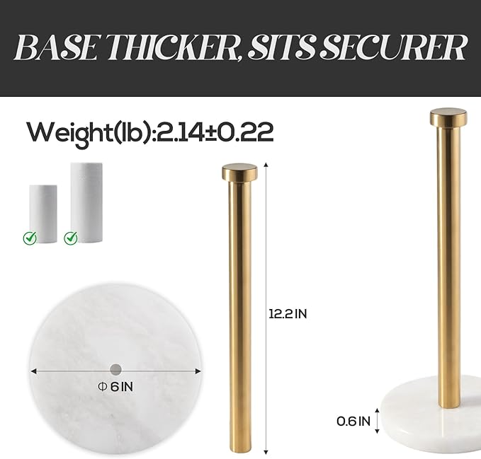 Koville African Genuine Marble Paper Towel Holder Countertop, 6" Stone Base Gold Rod Paper Towel Holder Stand for Kitchen Storage, for Standard or Jumbo-Sized Rolls - Image 4