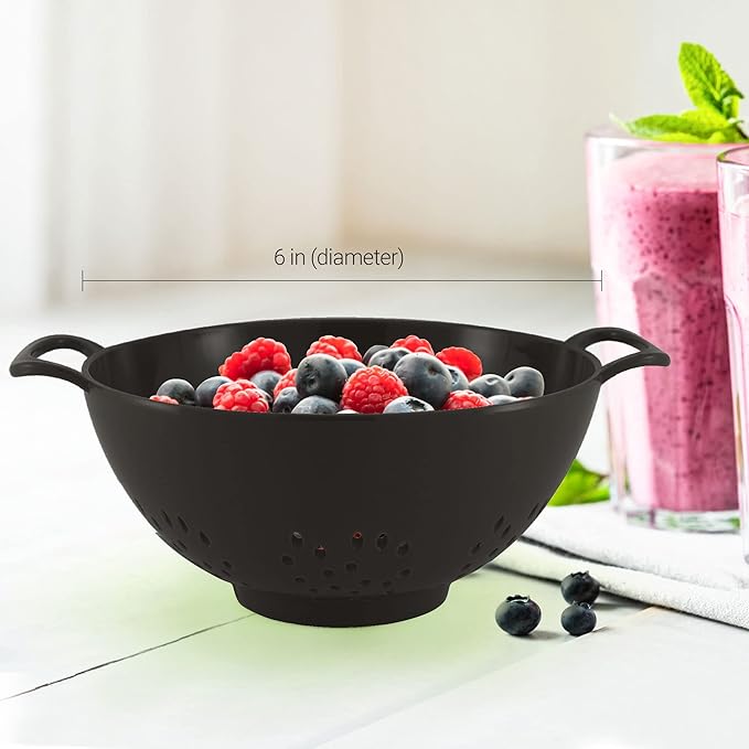 Meadow Lane 6-inch Small Colander, BPA-Free, Dishwasher Safe, Double Handles, Compact Food Strainer for Berries, Veggies and Pasta, 3-Cup Capacity, Glossy Black - Image 9