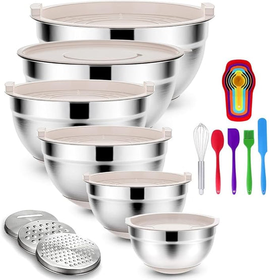 Rottay Mixing Bowls Set with Airtight Lids: 20PCS Stainless Steel Nesting Bowls - Size 7, 4, 3, 2, 1.5, 1QT Bowls with 3 Grater Attachments & Non-Slip Bottoms for Baking & Prepping by Rottay
