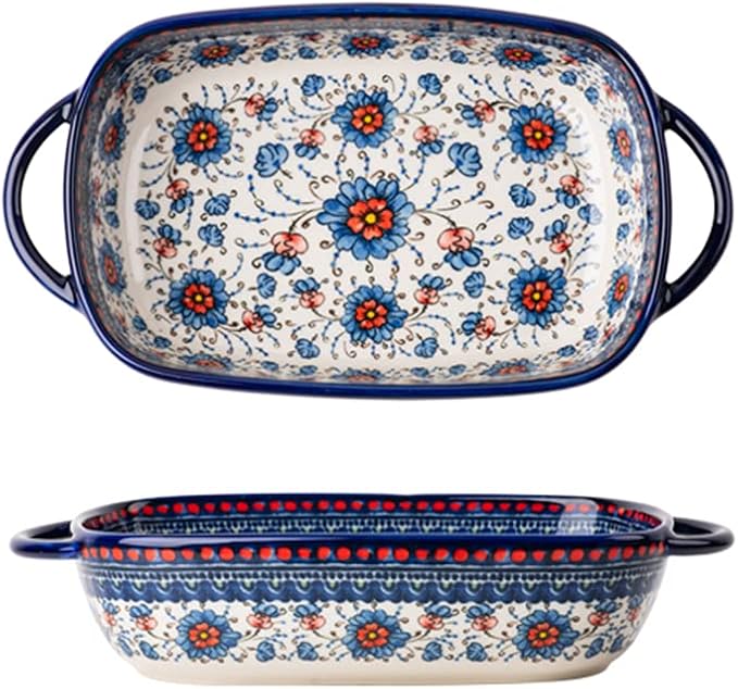 Blue and Orange Flower Vintage Style Ceramic Bakeware Casserole Dish Baking Pan Lasagna Pans with Handles for Oven/Cooking/Kitchen-1 PCS-22 OZ by Bicuzat