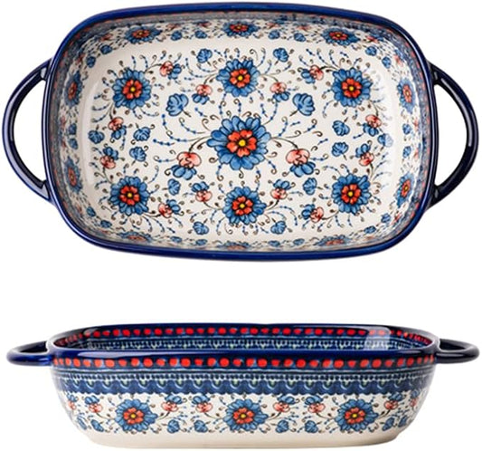 Blue and Orange Flower Vintage Style Ceramic Bakeware Casserole Dish Baking Pan Lasagna Pans with Handles for Oven/Cooking/Kitchen-1 PCS-22 OZ by Bicuzat
