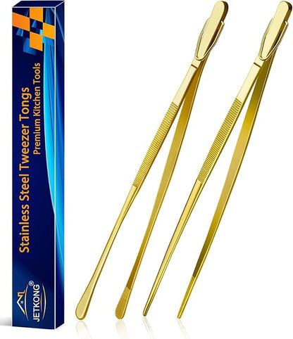 JETKONG 2 Pcs 12-Inch Cooking Tweezers Stainless Steel Food Tweezers Kitchen Tweezer Tongs (Gold) by JETKONG