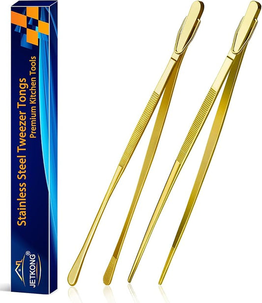 JETKONG 2 Pcs 12-Inch Cooking Tweezers Stainless Steel Food Tweezers Kitchen Tweezer Tongs (Gold) by JETKONG